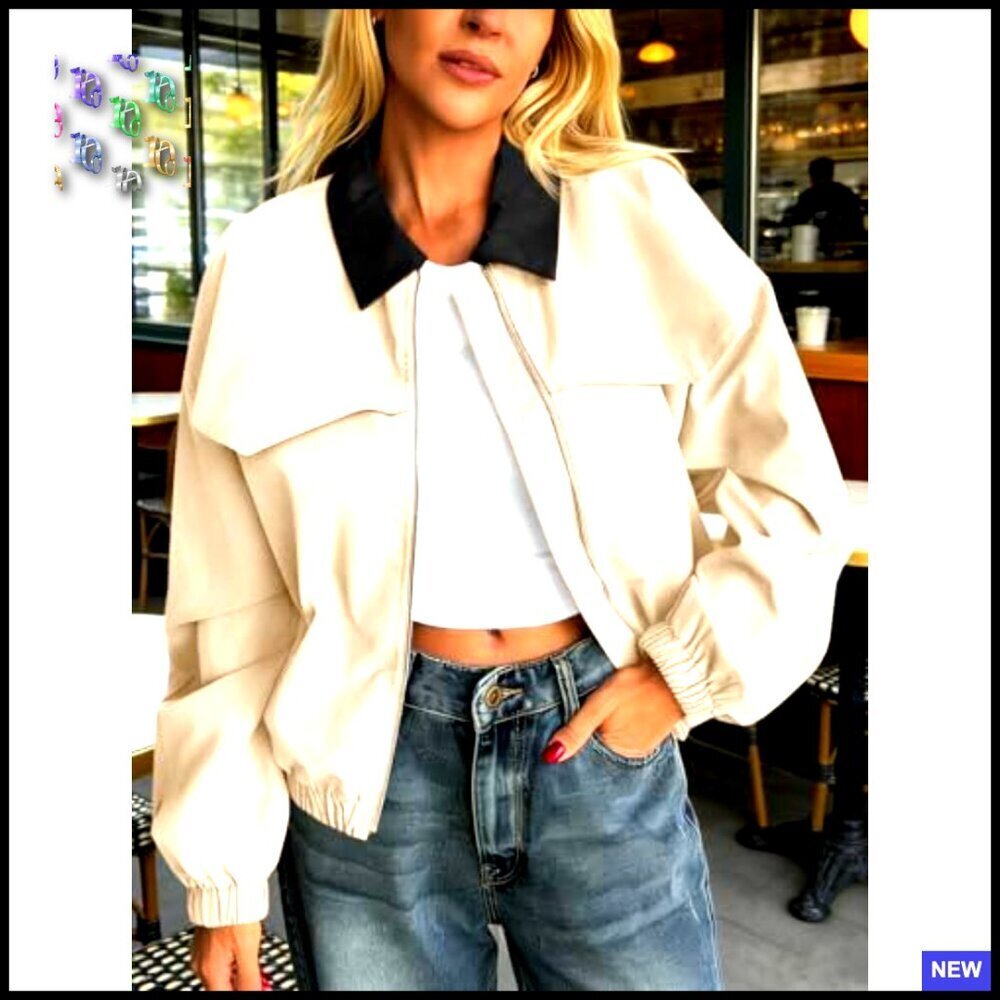Cropped Barn Jacket Oversized Bomber Zip Up Casual Lightweight Utility Short - Picture 2 of 6